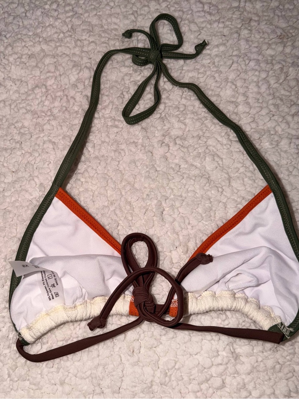 Cream Textured Triangle Bikini with Green & Rust Trim - Picture 8 of 10